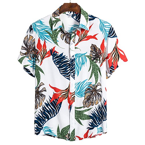 

Men's Going out Beach Boho / Street chic Shirt - Geometric Tropical Leaf, Print Rainbow