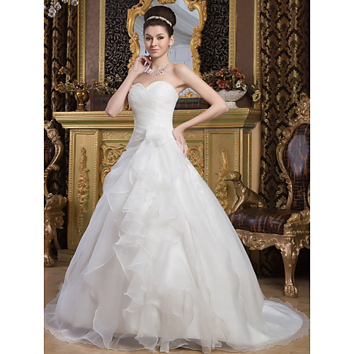 

A-Line Sweetheart Neckline Court Train Organza / Satin Strapless Made-To-Measure Wedding Dresses with Cascading Ruffles / Ruched 2020