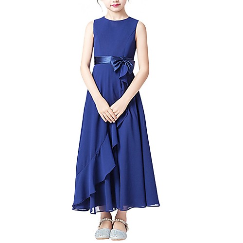 

A-Line Jewel Neck Ankle Length Poly&Cotton Blend Junior Bridesmaid Dress with Bow(s)