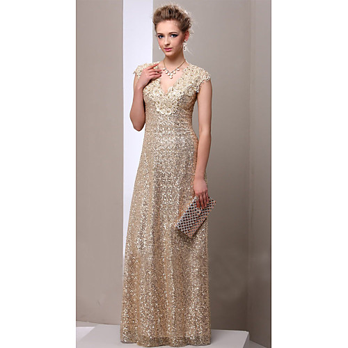 

Sheath / Column V Neck Floor Length Sequined Sleeveless Sparkle & Shine Mother of the Bride Dress with Appliques 2020