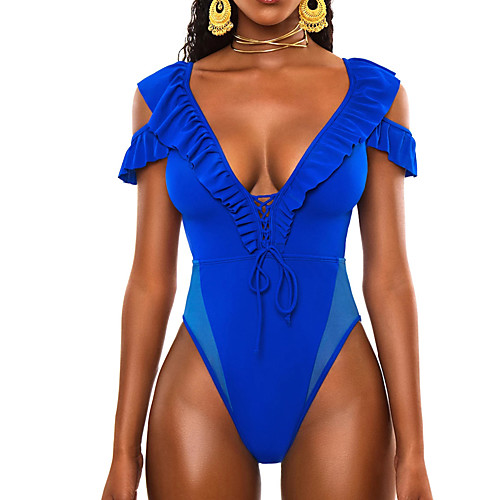 

Women's Basic Blue Halter High Waist One-piece Swimwear - Solid Colored S M L Blue