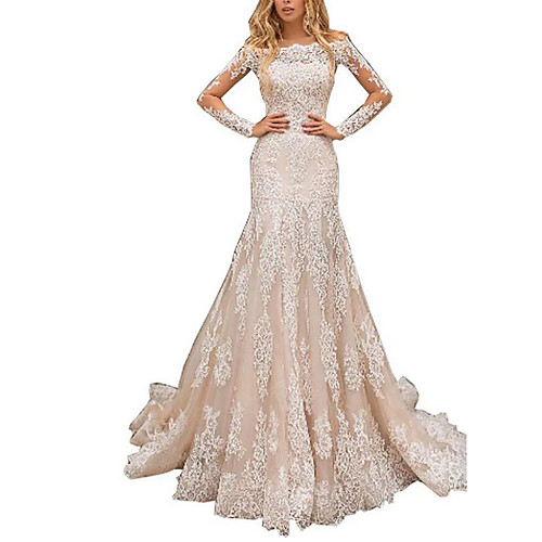 

Mermaid / Trumpet Off Shoulder Court Train Lace Long Sleeve Made-To-Measure Wedding Dresses with Lace Insert 2020