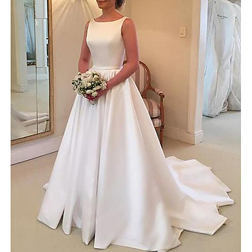 

A-Line Jewel Neck Sweep / Brush Train Stretch Satin Regular Straps Made-To-Measure Wedding Dresses with Draping 2020