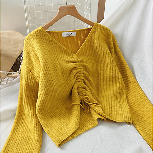 

Women's Solid Colored Long Sleeve Pullover Sweater Jumper, V Neck Yellow / Green / Beige One-Size