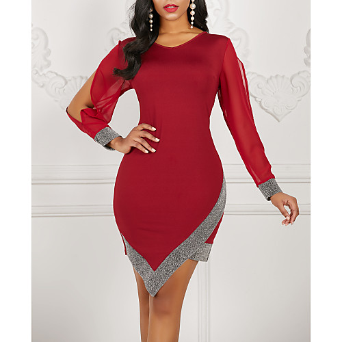 

Women's Elegant Asymmetrical Sheath Dress - Color Block Sequins V Neck Black Wine Red S M L XL