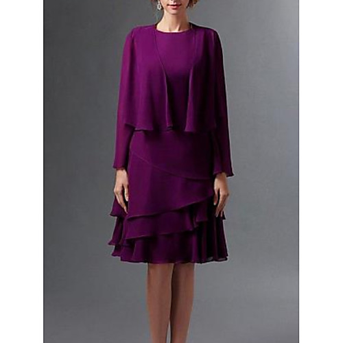 

A-Line Jewel Neck Knee Length Chiffon Long Sleeve Wrap Included Mother of the Bride Dress with Tier 2020