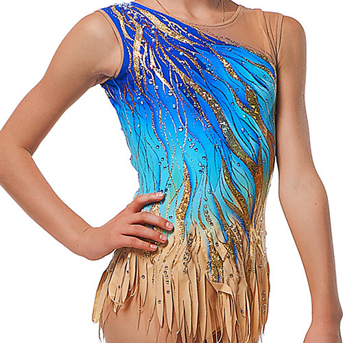 

21Grams Rhythmic Gymnastics Leotards Artistic Gymnastics Leotards Women's Girls' Leotard Sky Blue Spandex High Elasticity Handmade Jeweled Diamond Look Sleeveless Competition Dance Rhythmic