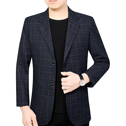 

Men's Blazer, Plaid Notch Lapel Polyester Dark Gray