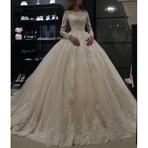 

A-Line Off Shoulder Court Train Lace Long Sleeve Made-To-Measure Wedding Dresses with Crystals 2020
