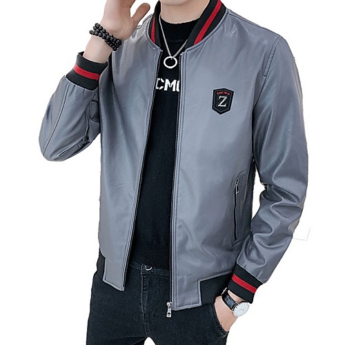 

Men's Daily Regular Jacket, Solid Colored Stand Long Sleeve Polyester Black / Gray