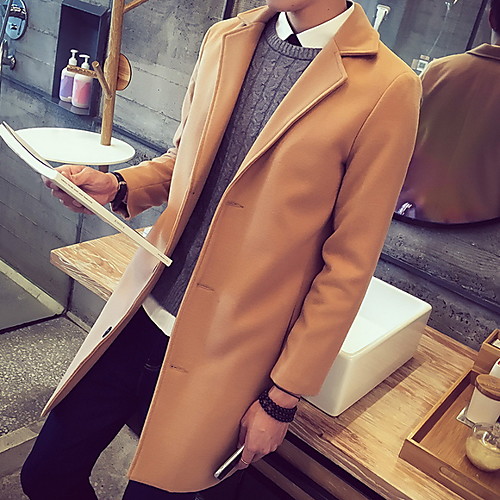 

Men's Daily Fall & Winter Long Coat, Solid Colored Notch Lapel Long Sleeve Polyester Black / Blue / Navy Blue