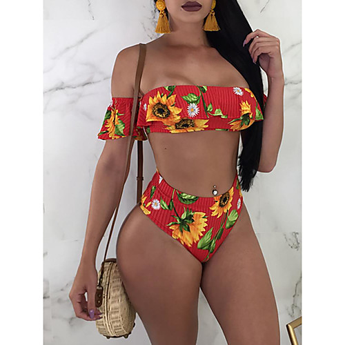 

Women's Basic Orange Bandeau Cheeky High Waist Bikini Swimwear - Floral Geometric Lace up Print S M L Orange