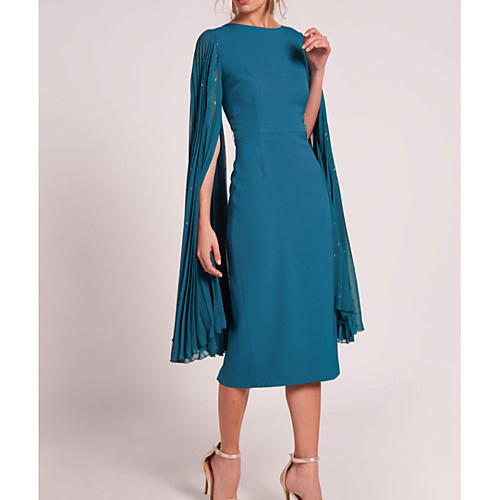 

Sheath / Column Jewel Neck Tea Length Chiffon Elegant / Blue Cocktail Party / Wedding Guest Dress with Sequin / Draping 2020