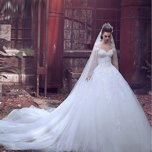 

Ball Gown Off Shoulder Cathedral Train Lace / Tulle Short Sleeve Made-To-Measure Wedding Dresses with Appliques 2020