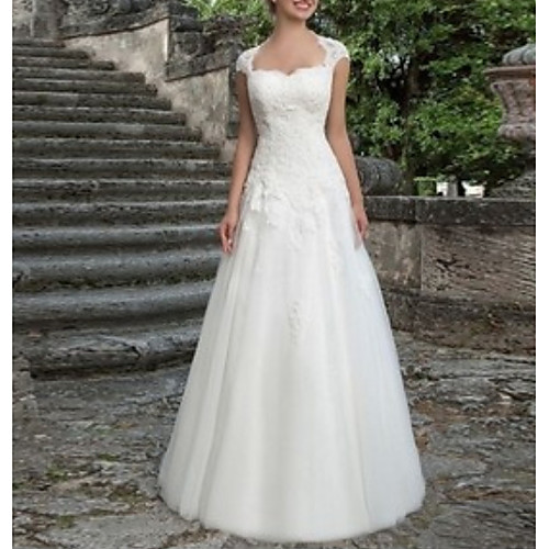 

A-Line V Neck Floor Length Tulle Regular Straps Made-To-Measure Wedding Dresses with Appliques 2020