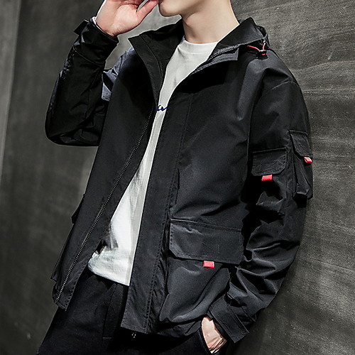 

Men's Daily Fall & Winter Regular Jacket, Solid Colored Stand Long Sleeve Polyester Black / Beige