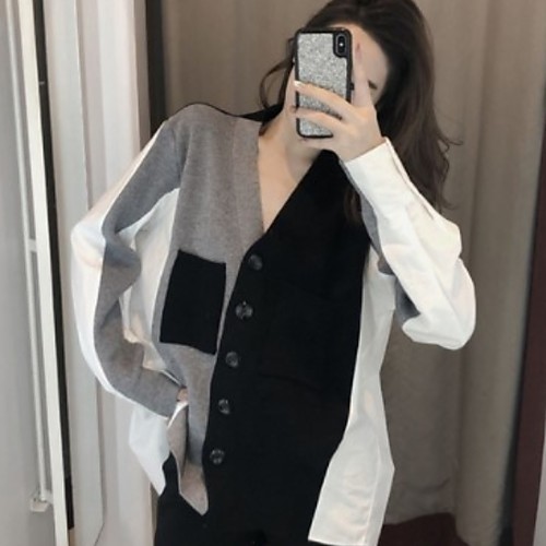 

Women's Daily Blouse - Color Block Gray