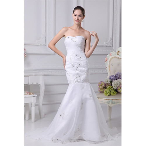 

Mermaid / Trumpet Strapless Chapel Train Organza / Satin Strapless Made-To-Measure Wedding Dresses with Beading / Embroidery 2020