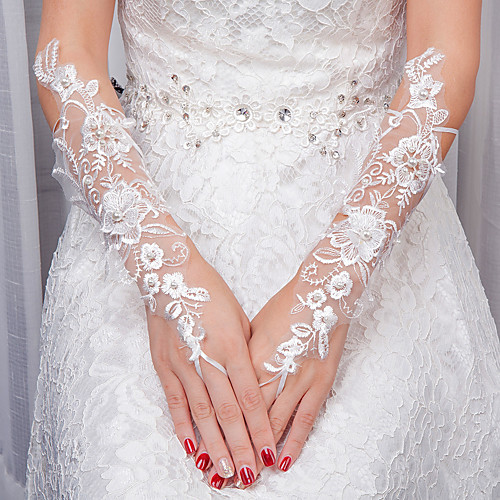 

Lace / Polyester Elbow Length Glove Flower Style / Gloves With Faux Pearl / Petal
