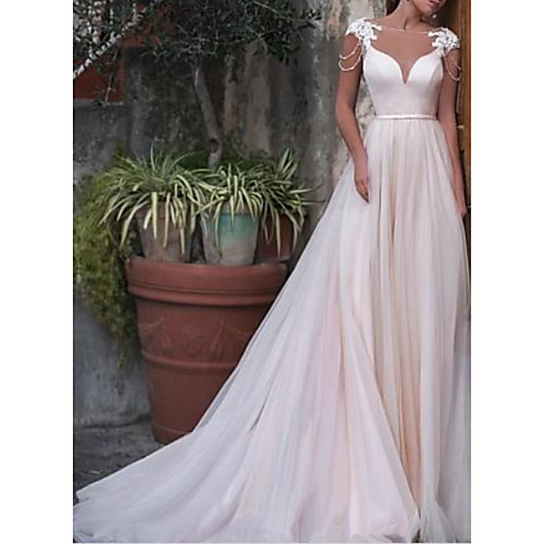 

A-Line Bateau Neck Court Train Satin / Tulle Cap Sleeve Made-To-Measure Wedding Dresses with Appliques / Sashes / Ribbons 2020