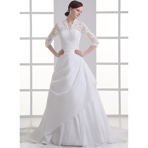 

A-Line V Neck Chapel Train Lace / Satin / Taffeta 3/4 Length Sleeve Made-To-Measure Wedding Dresses with Beading / Appliques / Side-Draped 2020 / Bell Sleeve