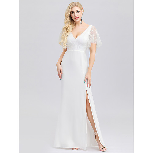 

Mermaid / Trumpet V Neck Floor Length Polyester / Spandex Short Sleeve Made-To-Measure Wedding Dresses with Split Front 2020 / Illusion Sleeve