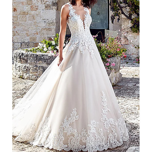 

A-Line V Neck Court Train Lace / Tulle Regular Straps Made-To-Measure Wedding Dresses with Beading / Crystals / Embroidery 2020