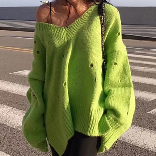 

Жен. Однотонный Длинный рукав Пуловер Свитер джемпер, V-образный вырез Оранжевый / Желтый / Зеленый Один размер