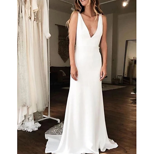 

A-Line V Neck Court Train Charmeuse Regular Straps Made-To-Measure Wedding Dresses with Draping 2020