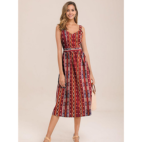 

Women's A Line Dress - Geometric Orange Red Green S M L XL