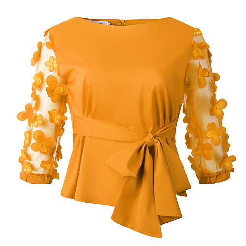 

Women's Daily Going out Street chic / Elegant Shirt - Solid Colored Bow / Mesh / Lace up White