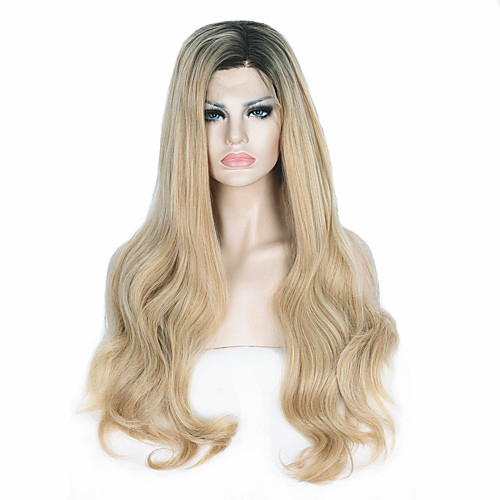 

quality heat resistant ombre dark brown to blonde wavy long wig small edge lace front