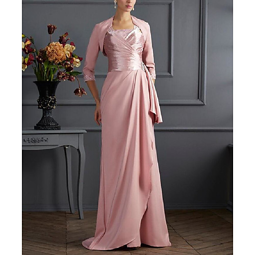 

A-Line / Two Piece Square Neck Sweep / Brush Train Stretch Satin 3/4 Length Sleeve Wrap Included Mother of the Bride Dress with Lace / Crystal Brooch / Ruching 2020