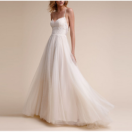 

A-Line V Neck Floor Length Tulle Spaghetti Strap Made-To-Measure Wedding Dresses with Lace Insert 2020