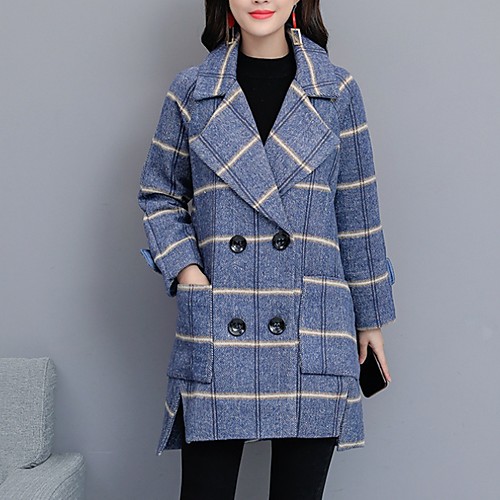 

Women's Daily Fall & Winter Long Coat, Plaid Turndown Long Sleeve Polyester Blue / Camel