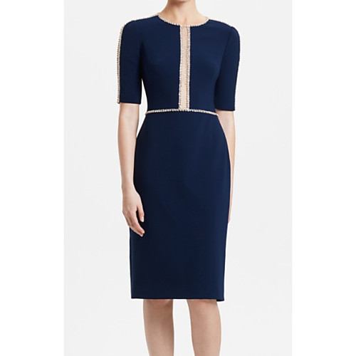 

Sheath / Column Jewel Neck Knee Length Tulle / Stretch Satin Bridesmaid Dress with Beading / Split Front