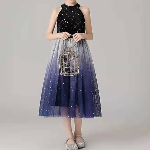 

A-Line Tea Length Flower Girl Dress - Lace Sleeveless Halter Neck with Paillette
