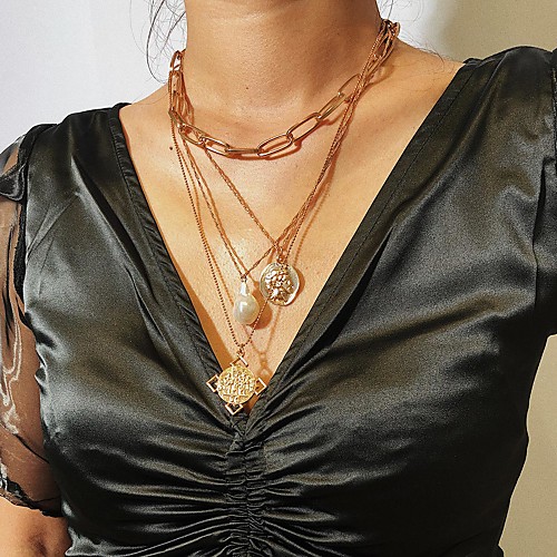 

Women's Pendant Necklace Statement Necklace Layered Necklace Stacking Stackable Face Statement Luxury Vintage Hippie Pearl Chrome Gold Silver 1:39.67 2:45.6 3:48.4 4:54.6 cm Necklace Jewelry For