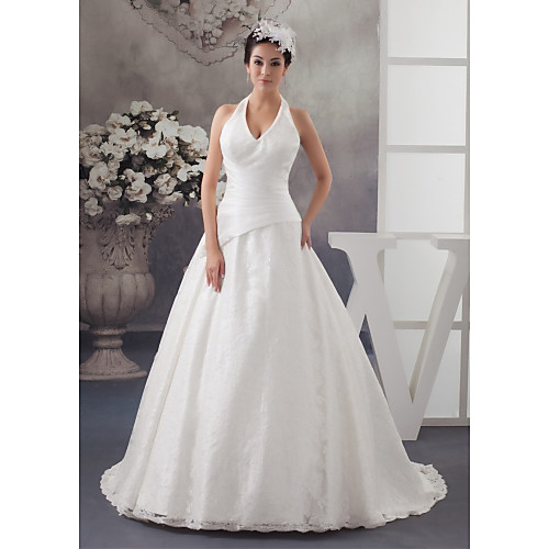 

A-Line Halter Neck Court Train Lace / Satin Spaghetti Strap Made-To-Measure Wedding Dresses with Ruched 2020