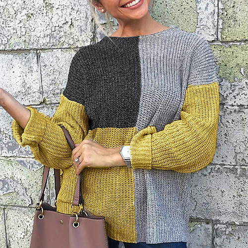 

Women's Color Block Long Sleeve Pullover Sweater Jumper, Round Neck Black / Yellow S / M / L