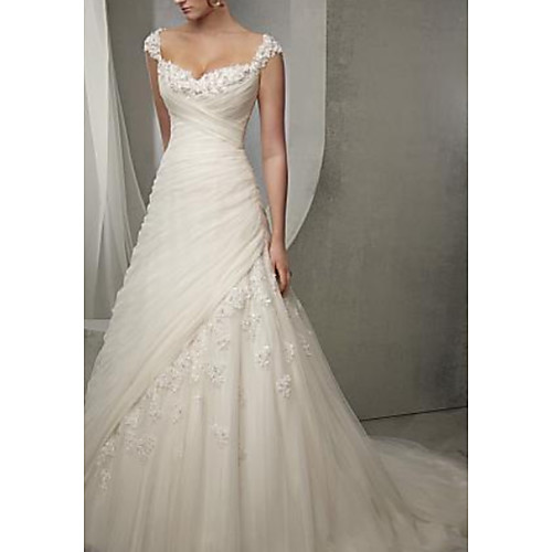 

A-Line Sweetheart Neckline Court Train Tulle Regular Straps Made-To-Measure Wedding Dresses with Beading / Appliques / Ruched 2020