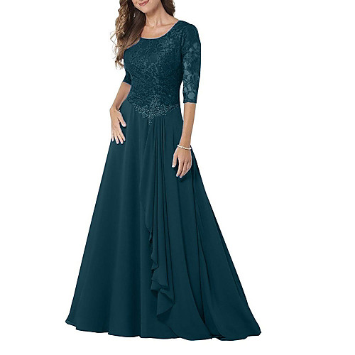 

A-Line Jewel Neck Floor Length Chiffon / Lace Half Sleeve Elegant & Luxurious Mother of the Bride Dress with Beading / Ruching 2020 / Bell Sleeve