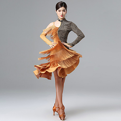 

Latin Dance Dresses Women's Performance Milk Fiber Tassel Long Sleeve Dress