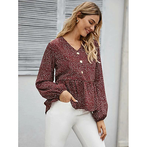

Women's Daily Going out Basic Shirt - Polka Dot Pleated Red