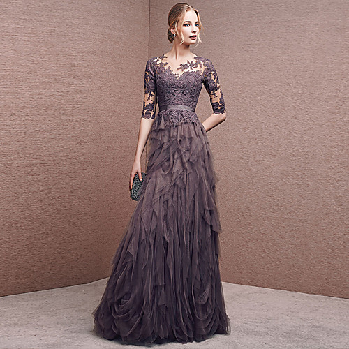 

A-Line Jewel Neck Floor Length Lace / Tulle Sexy / See Through Formal Evening Dress 2020 with Appliques