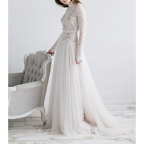 

A-Line High Neck Sweep / Brush Train Tulle Long Sleeve Formal Illusion Detail Made-To-Measure Wedding Dresses with Appliques 2020