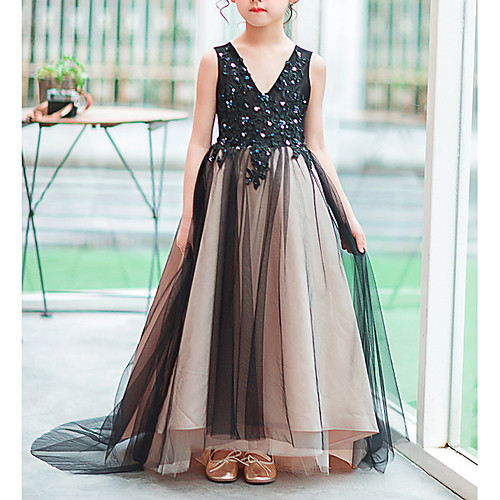 

A-Line Sweep / Brush Train Flower Girl Dress - Tulle Sleeveless V Neck with Beading / Paillette