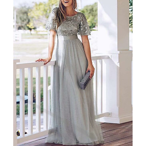 

A-Line Jewel Neck Floor Length Tulle Empire / Grey Prom / Party Wear Dress with Appliques 2020