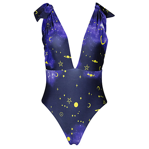 

Women's Sporty Basic Blue One-piece Swimwear - Geometric Abstract Backless Bow Print S M L Blue