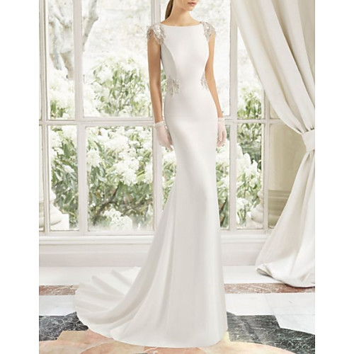 

Sheath / Column Bateau Neck Court Train Satin Cap Sleeve Made-To-Measure Wedding Dresses with Lace Insert 2020